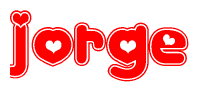 The image is a red and white graphic with the word Jorge written in a decorative script. Each letter in  is contained within its own outlined bubble-like shape. Inside each letter, there is a white heart symbol.