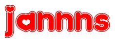 The image is a red and white graphic with the word Jannns written in a decorative script. Each letter in  is contained within its own outlined bubble-like shape. Inside each letter, there is a white heart symbol.