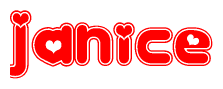 The image is a clipart featuring the word Janice written in a stylized font with a heart shape replacing inserted into the center of each letter. The color scheme of the text and hearts is red with a light outline.