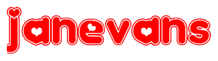 The image displays the word Janevans written in a stylized red font with hearts inside the letters.