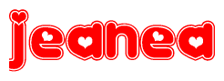The image is a clipart featuring the word Jeanea written in a stylized font with a heart shape replacing inserted into the center of each letter. The color scheme of the text and hearts is red with a light outline.
