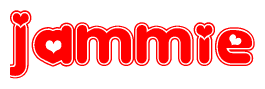 The image is a red and white graphic with the word Jammie written in a decorative script. Each letter in  is contained within its own outlined bubble-like shape. Inside each letter, there is a white heart symbol.