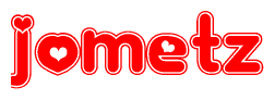 The image is a clipart featuring the word Jometz written in a stylized font with a heart shape replacing inserted into the center of each letter. The color scheme of the text and hearts is red with a light outline.