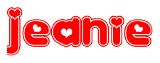 The image is a clipart featuring the word Jeanie written in a stylized font with a heart shape replacing inserted into the center of each letter. The color scheme of the text and hearts is red with a light outline.