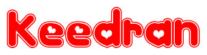The image is a clipart featuring the word Keedran written in a stylized font with a heart shape replacing inserted into the center of each letter. The color scheme of the text and hearts is red with a light outline.