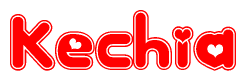 The image is a red and white graphic with the word Kechia written in a decorative script. Each letter in  is contained within its own outlined bubble-like shape. Inside each letter, there is a white heart symbol.