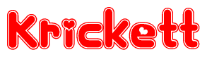 The image is a red and white graphic with the word Krickett written in a decorative script. Each letter in  is contained within its own outlined bubble-like shape. Inside each letter, there is a white heart symbol.