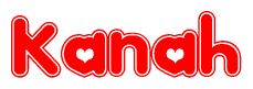 The image is a clipart featuring the word Kanah written in a stylized font with a heart shape replacing inserted into the center of each letter. The color scheme of the text and hearts is red with a light outline.
