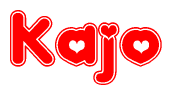 The image is a red and white graphic with the word Kajo written in a decorative script. Each letter in  is contained within its own outlined bubble-like shape. Inside each letter, there is a white heart symbol.