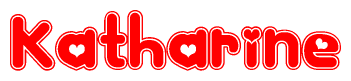 The image is a red and white graphic with the word Katharine written in a decorative script. Each letter in  is contained within its own outlined bubble-like shape. Inside each letter, there is a white heart symbol.