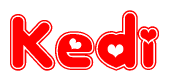 The image is a red and white graphic with the word Kedi written in a decorative script. Each letter in  is contained within its own outlined bubble-like shape. Inside each letter, there is a white heart symbol.