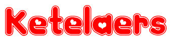 The image is a red and white graphic with the word Ketelaers written in a decorative script. Each letter in  is contained within its own outlined bubble-like shape. Inside each letter, there is a white heart symbol.