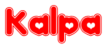 The image is a red and white graphic with the word Kalpa written in a decorative script. Each letter in  is contained within its own outlined bubble-like shape. Inside each letter, there is a white heart symbol.
