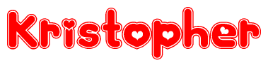 The image is a red and white graphic with the word Kristopher written in a decorative script. Each letter in  is contained within its own outlined bubble-like shape. Inside each letter, there is a white heart symbol.