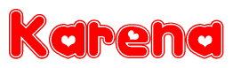 The image is a clipart featuring the word Karena written in a stylized font with a heart shape replacing inserted into the center of each letter. The color scheme of the text and hearts is red with a light outline.