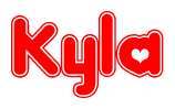 The image is a red and white graphic with the word Kyla written in a decorative script. Each letter in  is contained within its own outlined bubble-like shape. Inside each letter, there is a white heart symbol.