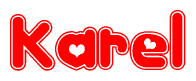 The image is a red and white graphic with the word Karel written in a decorative script. Each letter in  is contained within its own outlined bubble-like shape. Inside each letter, there is a white heart symbol.