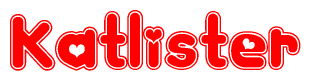 The image displays the word Katlister written in a stylized red font with hearts inside the letters.