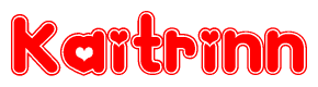 The image is a red and white graphic with the word Kaitrinn written in a decorative script. Each letter in  is contained within its own outlined bubble-like shape. Inside each letter, there is a white heart symbol.