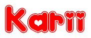 The image is a clipart featuring the word Karii written in a stylized font with a heart shape replacing inserted into the center of each letter. The color scheme of the text and hearts is red with a light outline.
