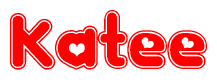 The image is a red and white graphic with the word Katee written in a decorative script. Each letter in  is contained within its own outlined bubble-like shape. Inside each letter, there is a white heart symbol.