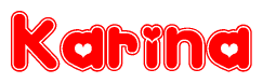 The image is a red and white graphic with the word Karina written in a decorative script. Each letter in  is contained within its own outlined bubble-like shape. Inside each letter, there is a white heart symbol.