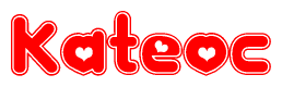 The image is a red and white graphic with the word Kateoc written in a decorative script. Each letter in  is contained within its own outlined bubble-like shape. Inside each letter, there is a white heart symbol.