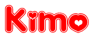The image is a clipart featuring the word Kimo written in a stylized font with a heart shape replacing inserted into the center of each letter. The color scheme of the text and hearts is red with a light outline.