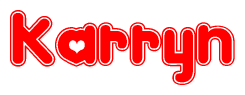 The image is a red and white graphic with the word Karryn written in a decorative script. Each letter in  is contained within its own outlined bubble-like shape. Inside each letter, there is a white heart symbol.
