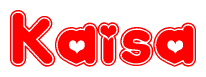 The image is a red and white graphic with the word Kaisa written in a decorative script. Each letter in  is contained within its own outlined bubble-like shape. Inside each letter, there is a white heart symbol.