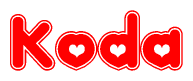 The image is a red and white graphic with the word Koda written in a decorative script. Each letter in  is contained within its own outlined bubble-like shape. Inside each letter, there is a white heart symbol.