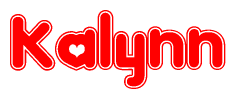The image is a red and white graphic with the word Kalynn written in a decorative script. Each letter in  is contained within its own outlined bubble-like shape. Inside each letter, there is a white heart symbol.