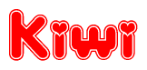 The image is a clipart featuring the word Kiwi written in a stylized font with a heart shape replacing inserted into the center of each letter. The color scheme of the text and hearts is red with a light outline.