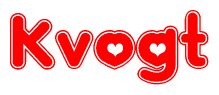 The image is a red and white graphic with the word Kvogt written in a decorative script. Each letter in  is contained within its own outlined bubble-like shape. Inside each letter, there is a white heart symbol.