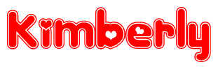 The image is a red and white graphic with the word Kimberly written in a decorative script. Each letter in  is contained within its own outlined bubble-like shape. Inside each letter, there is a white heart symbol.