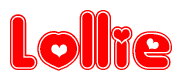  The image is a red and white graphic with the word Lollie written in a decorative script. Each letter in  is contained within its own outlined bubble-like shape. Inside each letter, there is a white heart symbol. 
