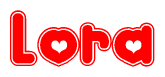   The image is a red and white graphic with the word Lora written in a decorative script. Each letter in  is contained within its own outlined bubble-like shape. Inside each letter, there is a white heart symbol. 