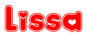 The image is a clipart featuring the word Lissa written in a stylized font with a heart shape replacing inserted into the center of each letter. The color scheme of the text and hearts is red with a light outline.