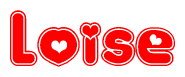 The image is a clipart featuring the word Loise written in a stylized font with a heart shape replacing inserted into the center of each letter. The color scheme of the text and hearts is red with a light outline.