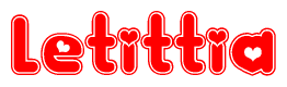 The image is a red and white graphic with the word Letittia written in a decorative script. Each letter in  is contained within its own outlined bubble-like shape. Inside each letter, there is a white heart symbol.
