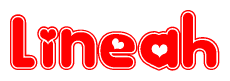 The image is a clipart featuring the word Lineah written in a stylized font with a heart shape replacing inserted into the center of each letter. The color scheme of the text and hearts is red with a light outline.