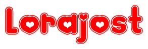 The image is a red and white graphic with the word Lorajost written in a decorative script. Each letter in  is contained within its own outlined bubble-like shape. Inside each letter, there is a white heart symbol.
