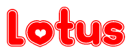 The image is a red and white graphic with the word Lotus written in a decorative script. Each letter in  is contained within its own outlined bubble-like shape. Inside each letter, there is a white heart symbol.