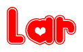The image is a red and white graphic with the word Lar written in a decorative script. Each letter in  is contained within its own outlined bubble-like shape. Inside each letter, there is a white heart symbol.