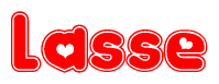 The image is a red and white graphic with the word Lasse written in a decorative script. Each letter in  is contained within its own outlined bubble-like shape. Inside each letter, there is a white heart symbol.