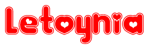 The image is a red and white graphic with the word Letoynia written in a decorative script. Each letter in  is contained within its own outlined bubble-like shape. Inside each letter, there is a white heart symbol.
