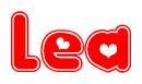 The image is a clipart featuring the word Lea written in a stylized font with a heart shape replacing inserted into the center of each letter. The color scheme of the text and hearts is red with a light outline.