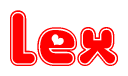 The image is a clipart featuring the word Lex written in a stylized font with a heart shape replacing inserted into the center of each letter. The color scheme of the text and hearts is red with a light outline.