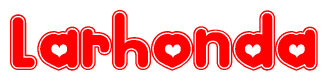 The image is a red and white graphic with the word Larhonda written in a decorative script. Each letter in  is contained within its own outlined bubble-like shape. Inside each letter, there is a white heart symbol.