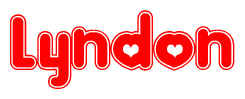 The image is a red and white graphic with the word Lyndon written in a decorative script. Each letter in  is contained within its own outlined bubble-like shape. Inside each letter, there is a white heart symbol.